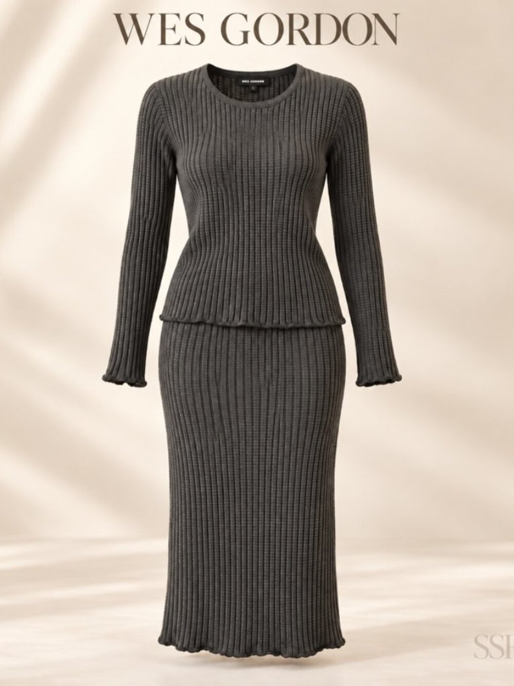 Wes Gordon Gray Ribbed Knit Two-Piece Set Long Sleeve Top Midi Skirt